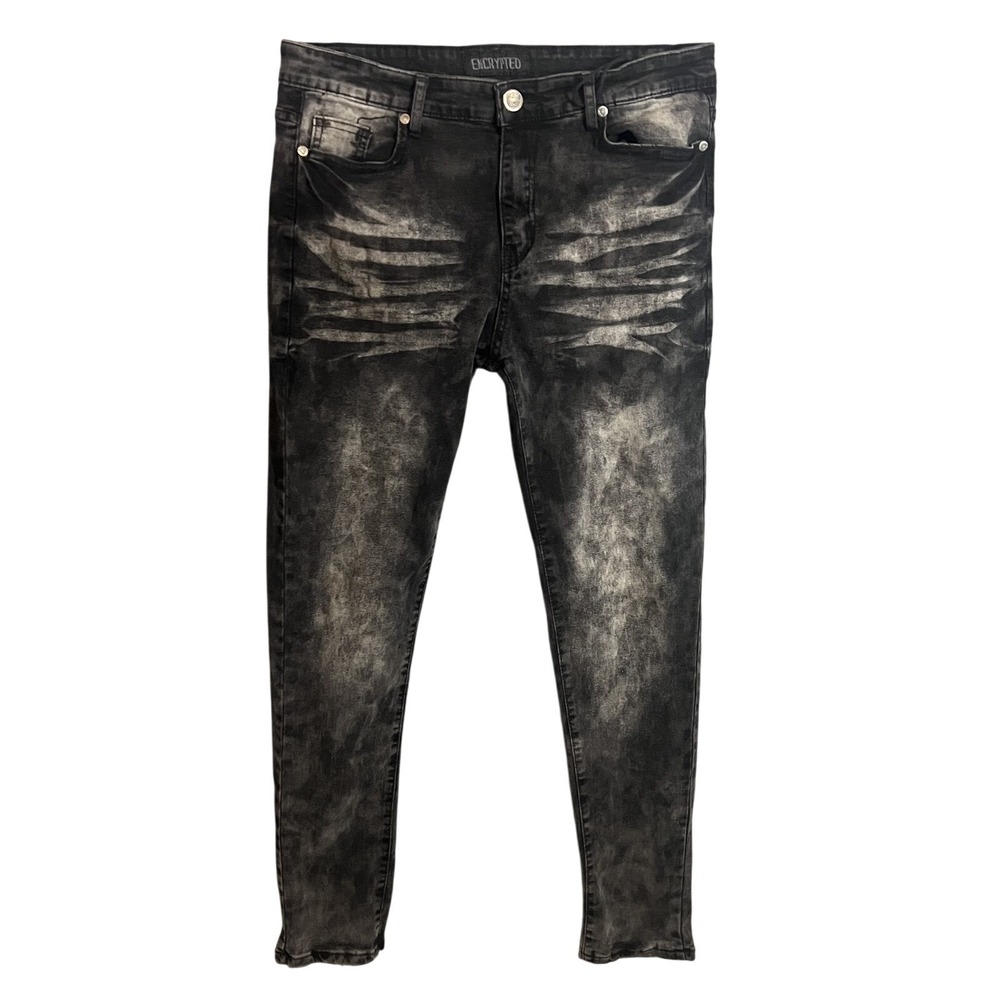 Encrypted Men's Acid Wash Black Skinny Jeans Size 34x32 Distressed‎ Moto Style